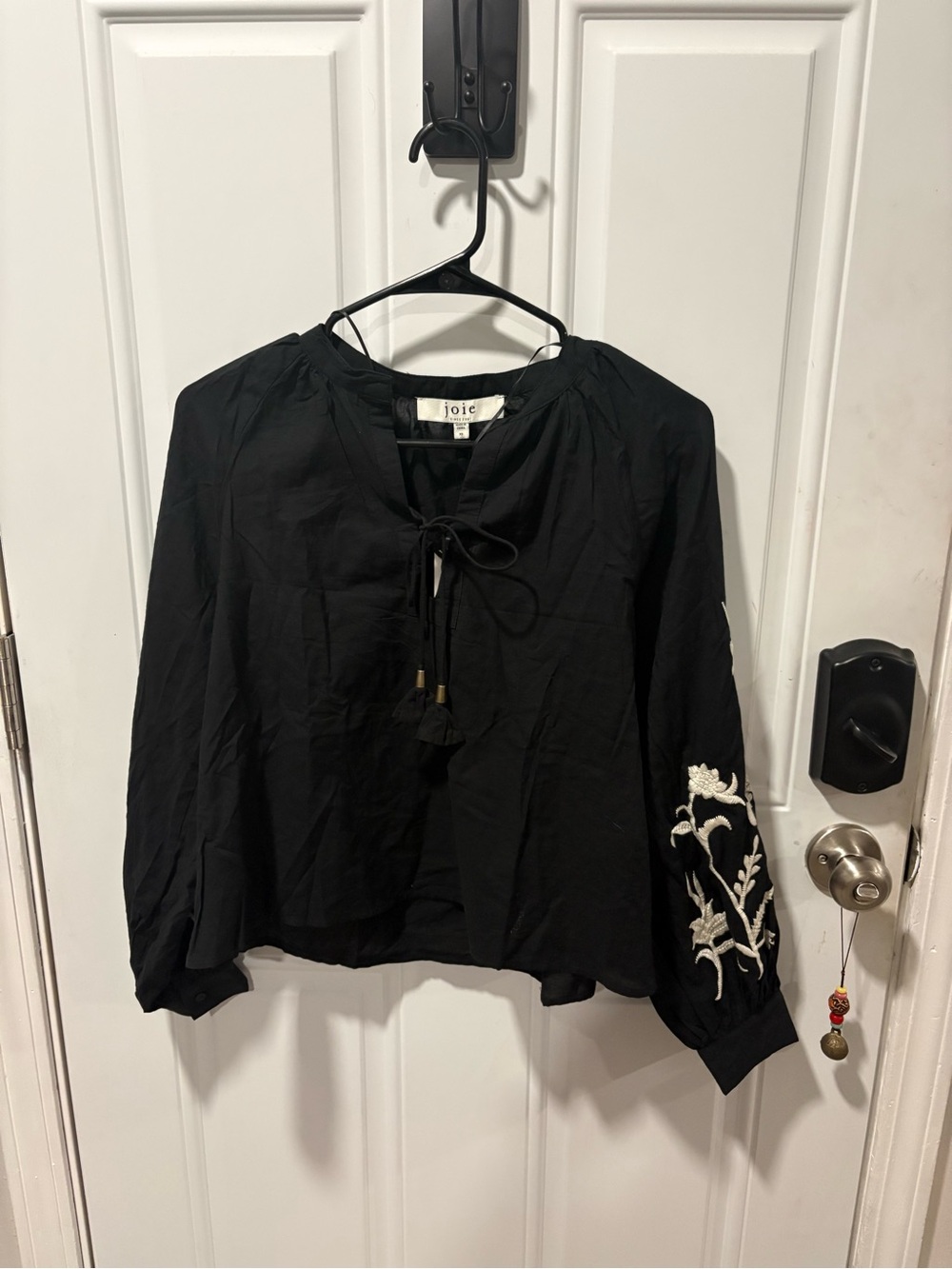 Joie Black Long-Sleeve Peasant Top with White Floral Embroidery
